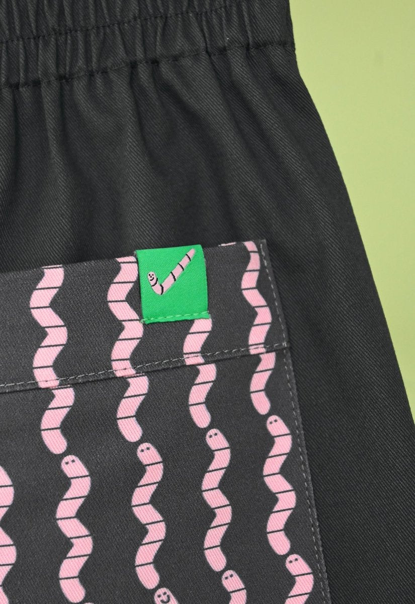 HO HOS HOLE IN THE WALL brand "Pockets Full of Worms" Shorts. Design by Natali Koromoto.