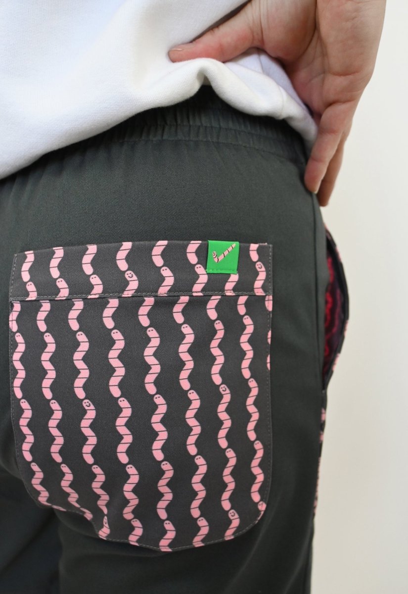 HO HOS HOLE IN THE WALL brand "Pockets Full of Worms" Shorts. Design by Natali Koromoto.